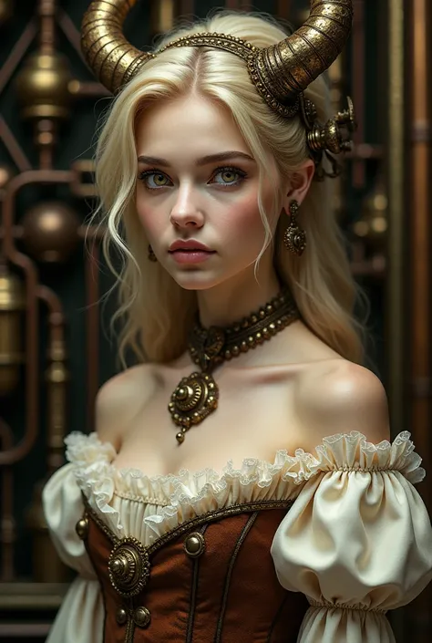 steampunk, blonde woman, steampunk demon horns with gears, glowing eyes, cream and brown steampunk dress with gears