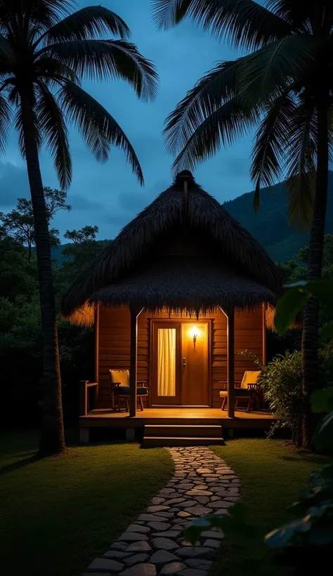 A traditional Seychellois wooden house surrounded by palm trees. The faint light from an oil lamp inside glows softly through the window, casting a warm yellow hue. The surroundings are calm, with a quiet sense of intimacy