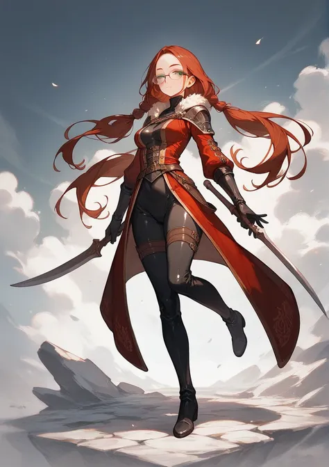 full body, score_9, score_8_up, score_7_up, (solo), burgundy hair, green eyes, oval glasses, long hair, forehead, (black tight suit), big daggers, medieval setting, two low hair tails, medium breasts, ((narrowed eyes))
