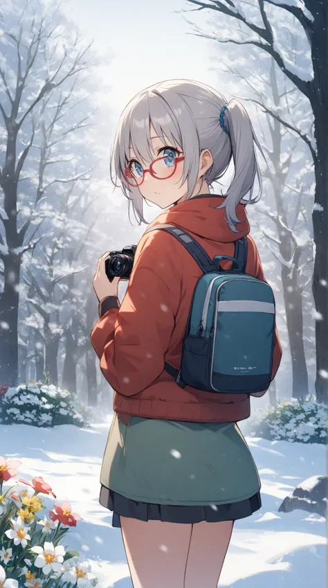 1 girl,  Grey Hair,   blue eyes, side ponytail, red rimmed glasses、 Expansive Park 、The beginning of spring 、Flowers bloom in the snow、Hold the camera、from behind、crouch、ミニスカート、