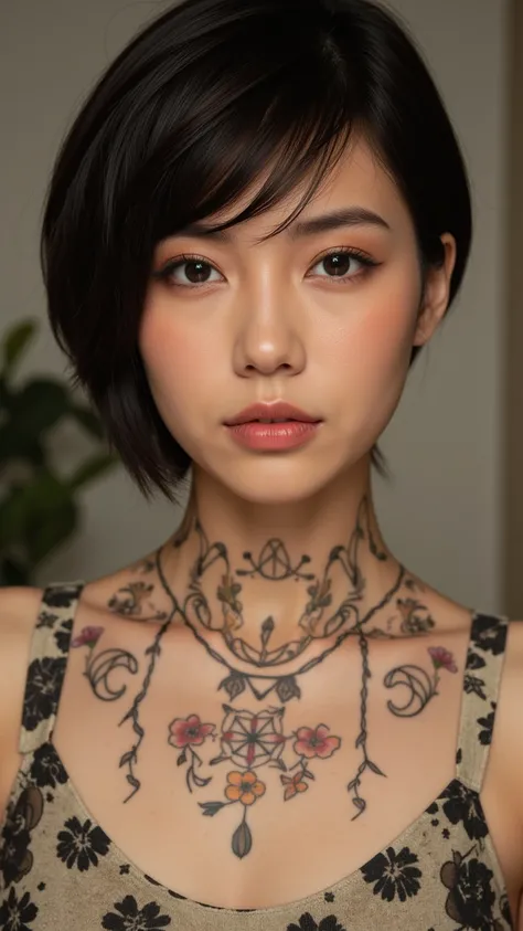 Several tattoos of Wicca symbols and witchcraft and wild flowers on a realistic short-haired womans neck 