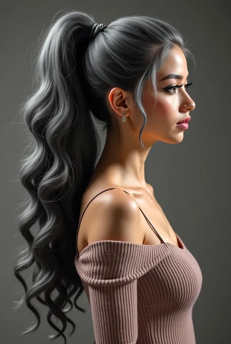 Extremely photorealistic a beautiful youthful looking Filipino version of Ariana Grande as a 50 years old woman with long curly completely gray hair in a ponytail as star wars Padmé Amidala wearing as a 50 years old woman long Curly comple tely hair in a b...