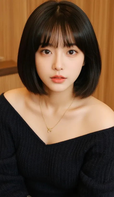 A young woman with short, straight dark brown hair styled in a neat bob with bangs (hair color and style can be altered). She has fair, smooth skin (modifiable) and large almond-shaped dark brown eyes (eye color can be changed). Her face is soft, youthful,...