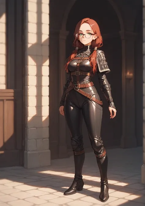 full body, standing, score_9, score_8_up, score_7_up, (solo), burgundy hair, green eyes, oval glasses, long hair, forehead, (black tight suit), big daggers, medieval setting, two low hair tails, medium breasts, ((narrowed eyes)), belts, expensive clothes
