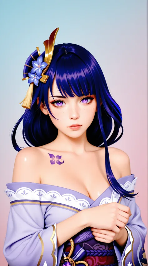 A mesmerizing surreal illustration of a young japanese woman. raiden shogun from genshin impact, She has pastel purple hair with blunt bangs, purple eyes, and wears a vibrant purple and blue pastel colored outfit adorned with intricate floral patterns. Fre...