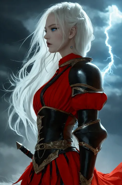 A powerful woman anime character stands confidently in a dramatic, full-body portrait, set against a dark and ominous thunderstorm backdrop, with flashes of lightning illuminating the sky. She wears a traditional Italian-inspired miniskirt, pleated and kne...