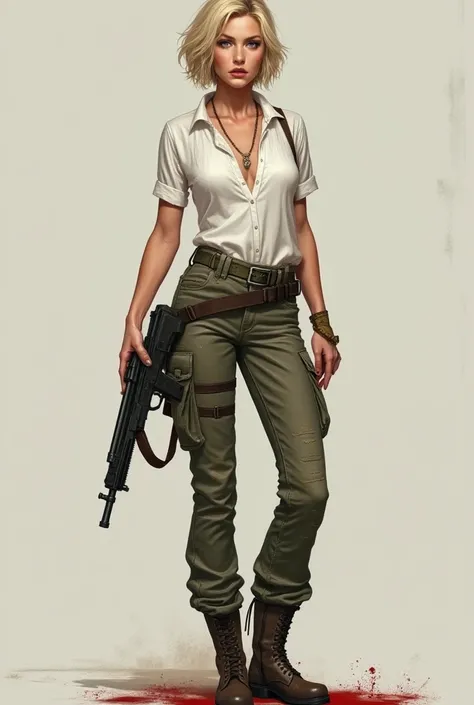 Caucasian Chica, Short blonde hair, blue eyes, high, strong, big legs and thick thighs, with white blouse, camouflage pants, and military boots, with a gun in his hand, stained with blood. with dirt on clothes