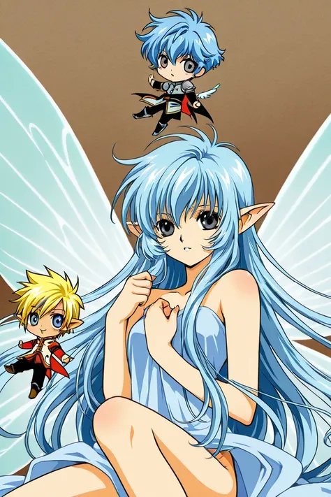 Chibi elf fairy boy blue haired with gray eyes. Have Wings. He is brave and smiling. Clamp Tsubasa chronicles drawing shoujo manga style. 