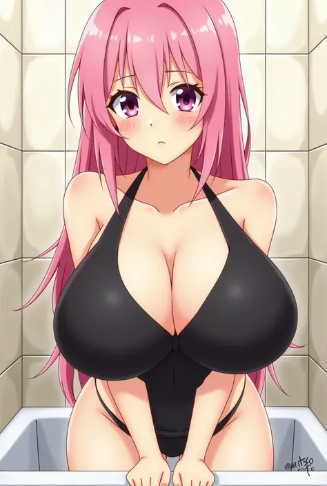 anime girl with pink hair and black top posing in a bathroom, an anime drawing by Shitao, pixiv, shin hanga, seductive anime girl, with a large breasts, with large breasts, oppai, big breasts!, breasts covered and sfw, big breasts!!, top rated on pixiv, cl...