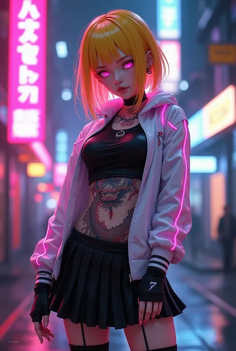 High quality (8k), Cyberpunk style,Anime style, Android Woman, Yellow hair , pink eyes,dragon Belly tattoo, White jacket with Neon Pink lines ,black Shirt, Skirt,Black stocking,  Fishnet gloves 