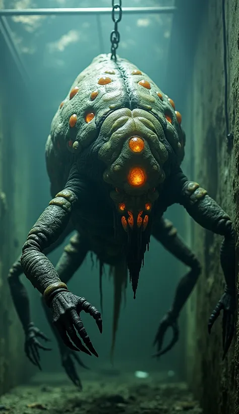 "A monstrous, amorphous creature suspended in a reinforced observation chamber, its body an unsettling mix of sinewy, translucent flesh and dark, chitinous armor. Dozens of irregular, glowing orbs pulsate across its surface like alien organs, and black, ic...