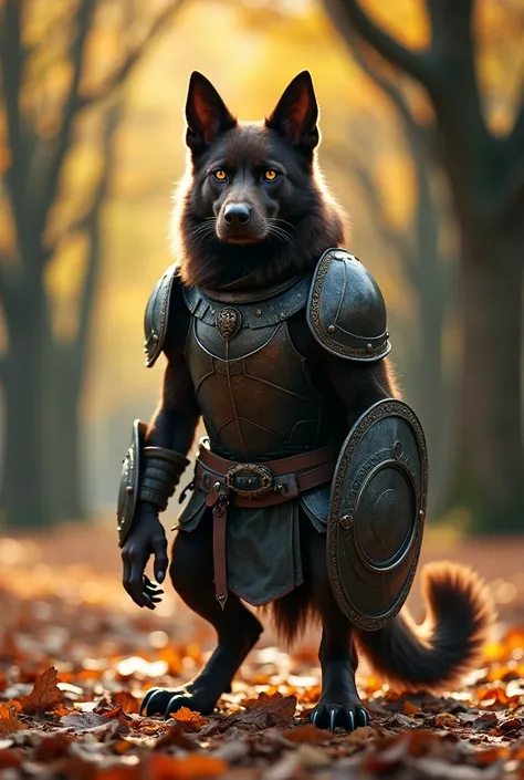 In an ordinary park ,  surrounded by tall trees and fallen leaves ,  a unique and imposing being stands out :  the fusion of a warrior dog and cat .  The animal has the muscular and imposing body of a dog ,  with dark brown fur and metallic details on his ...