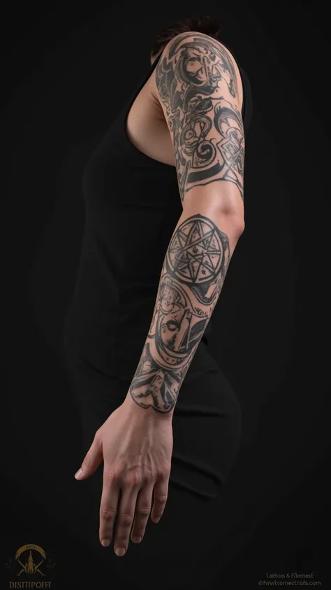 Several tattoos of Wicca and witchcraft symbols on an arm of a realistic short-haired woman 