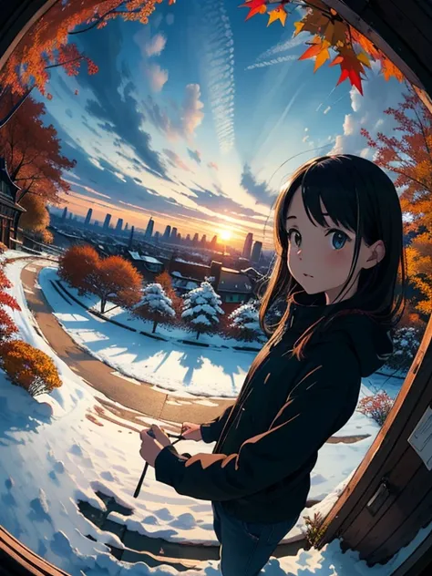 masterpiece，top quality， high image quality，( super flat ， flat shading  )， fisheye lens，Park garden overlooking the autumn city， fall foliage，Snow Scene，Autumn sky，At dusk， Beautiful Sunset ，Wide angle， bright color，watercolor,  Ghibli style，Strong winds，...