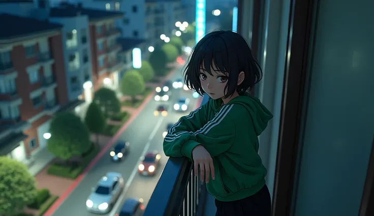 A beautiful Japanese girl in a green Adidas tracksuit, loose black pants and short wavy hair is leaning on a balcony railing and looking from above. Her eyes are looking down. There are cars and motorbikes below the balcony. Top view and front view at nigh...