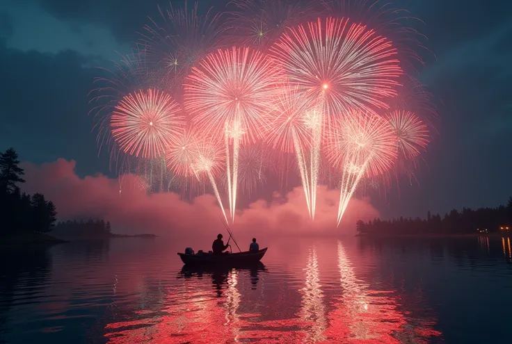 hyperrealistic image. Brilliant and colourful fireworks over a lake at night. there is a boat with two fishermen in it.  In the water, the number "2025" appears like a reflection 