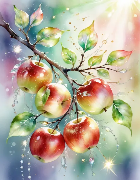 ✨✨✨
 delicate transparent watercolor,  close-up .  Apple branch with rejuvenating apples shining from within , iridescent  ,magic , Shine , sparks  , fantasy , glitter glitter  ,fairy tale , sunlight ,slight blur 