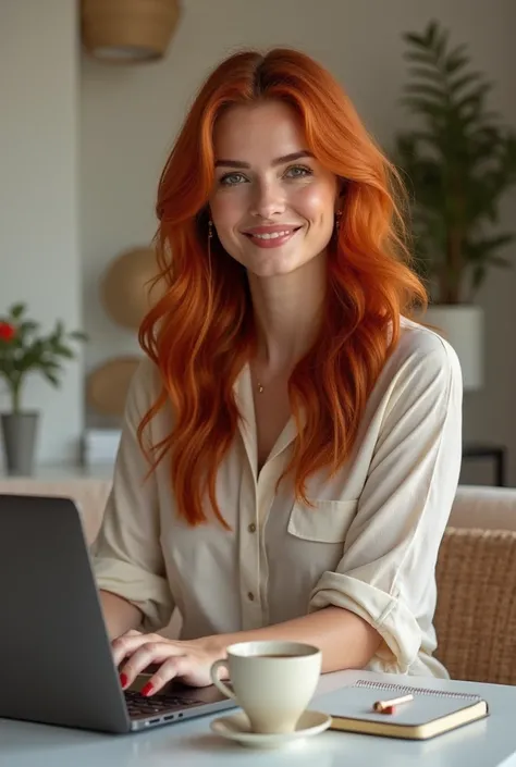 Create a stylish, blogging, full-bodied red-haired woman 