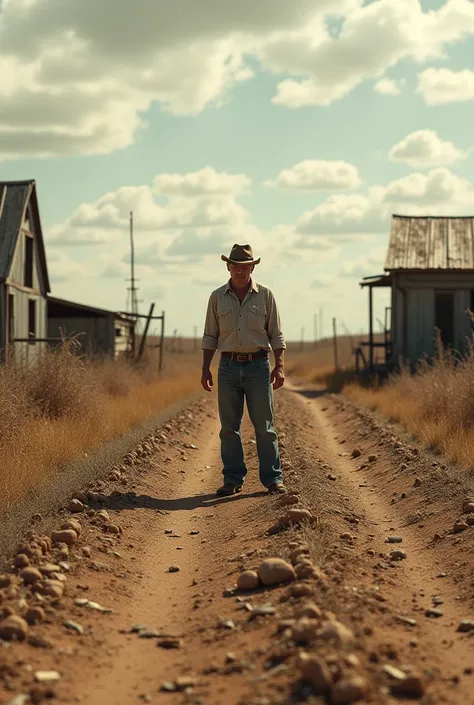 "Describe a hardworking but helpless farmer who struggles with drought and debt, forcing him to seek help from a greedy landlord."