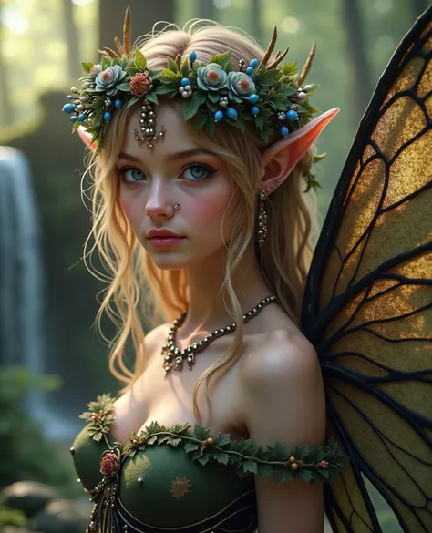 A blonde girl with big blue Asian eyes, garden fairy, flower crown, jewelry in her long hair, piercing in her nose. Located in a forest with a waterfall.  