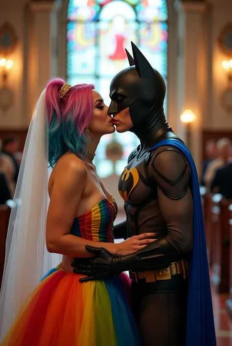 Background a wedding chapel, Chicago,IL,batgirl, with medium bob styled rainbow colored hair,blue eyes, fully in trance,wearing a rainbow latex wedding dress over her curvy body,her plump chest out for all to see, she is marrying her mistress, Harley Quinn...