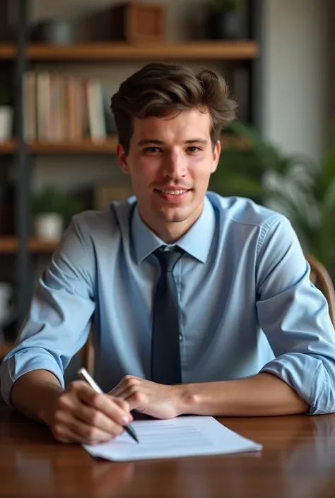 Create photo of a young male psychologist with that face sitting at a table 