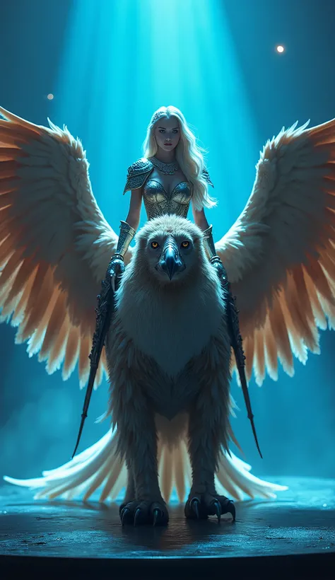 A griffin with its wings spread, the wings and upper body of an eagle, the body of a lion, a sharp beak, a beautiful and powerful figure, and a princess wearing armor on its back,Blue lit stage,blur lights background ,((masterpiece, Highest quality, Best i...