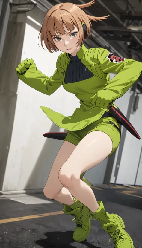 Konami,live-action、 real、 1 girl,  looking at viewers,  green jacket ,  gloves,  Green Shorts , green footwear, masterpiece, top quality , Dynamic Poses、kick、