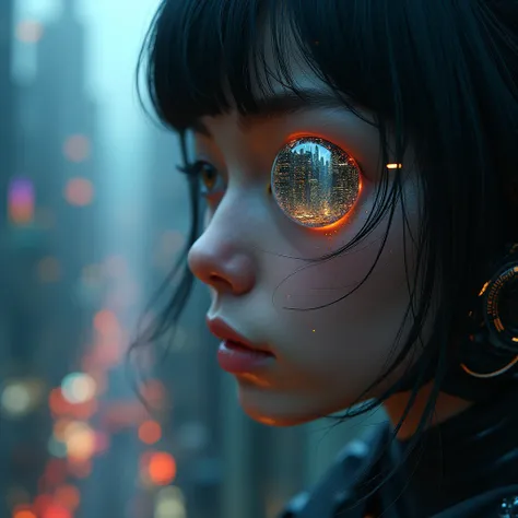 A cyborg human with a cybernetic iris, looking at a cyberpunk city reflected in their eye, detailed facial features, high quality, photorealistic, 8k, cinematic lighting, concept art, dramatic lighting, moody colors, neon lights, futuristic, advanced techn...