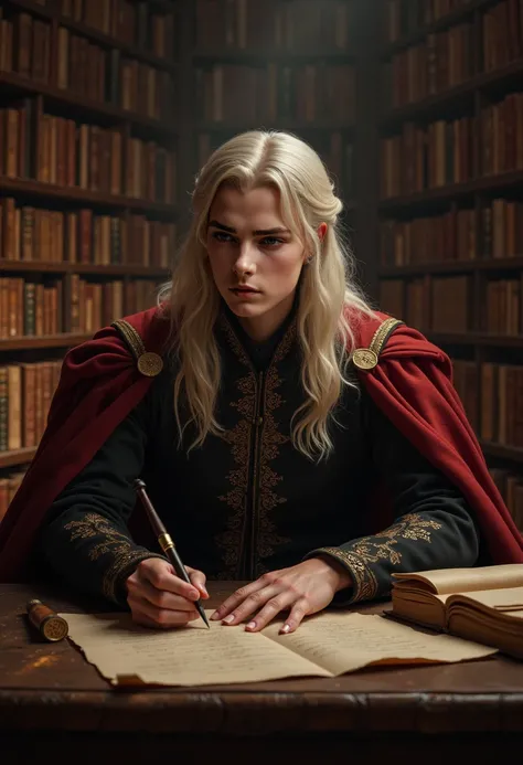 rhaegar targaryen, he is in an old library, sitting and writing with a pen on a table on old paper. His clothes are long, black and red,  clothes with gold details.