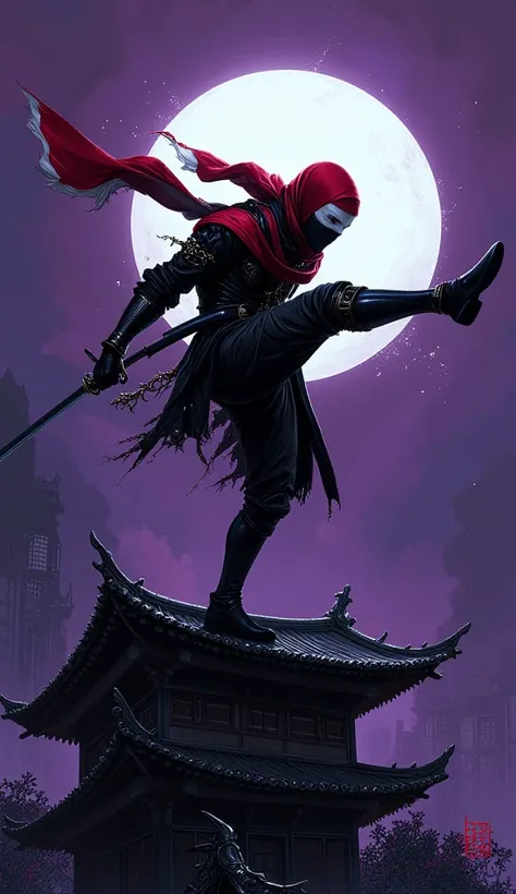 A stunning artistic depiction of a lone, tall, and lean ninja character in a high-quality abstract art style. The ninja is wearing a scarf designed in the colors of the Yemeni flag (red, white, and black), covering their eyes with soft matte cloth. Their p...