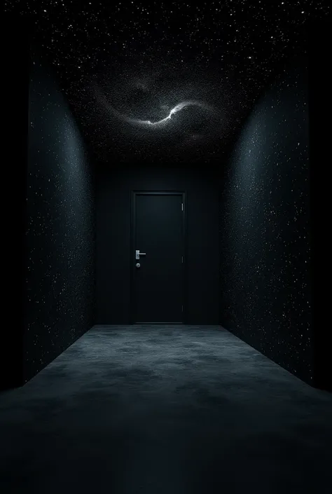 A black cube room with nothing, Mysterious, A black wall of constellations and stars, Cant see the outside,  Ceiling-and-wall-like design, Same as all walls 