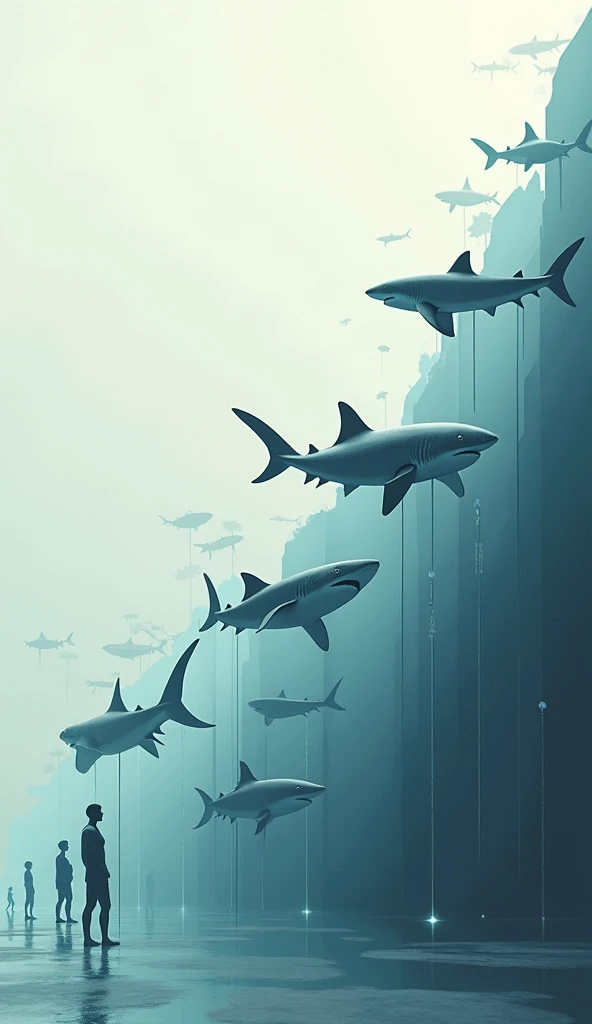 "A conceptual image comparing the timeline of sharks (millions of years) with human history (thousands of years), using a visual timeline with sharks and humans on opposite ends."