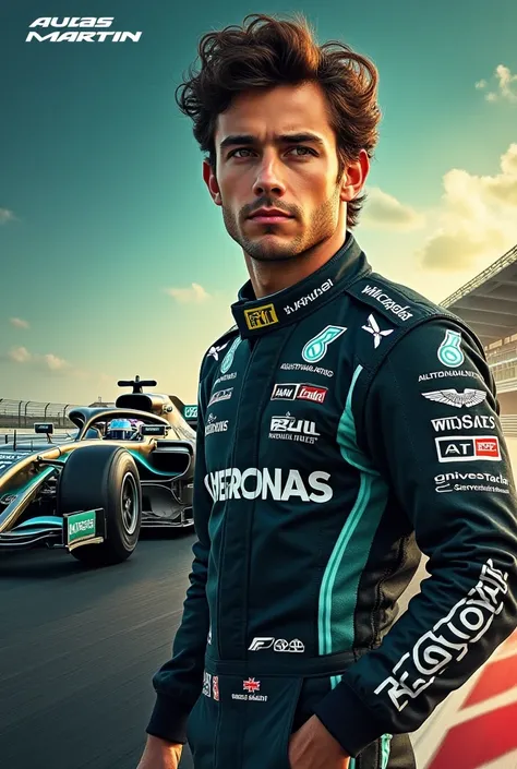 Create a prestigious F1 poster for Lucas Amaral (Number 31), racing for Aston Martin in 2025. Display his full name and racing number (Lucas Amaral - 31) clearly on the poster. Show Lucas in full racing gear with the Aston Martin logo on his suit. The suit...