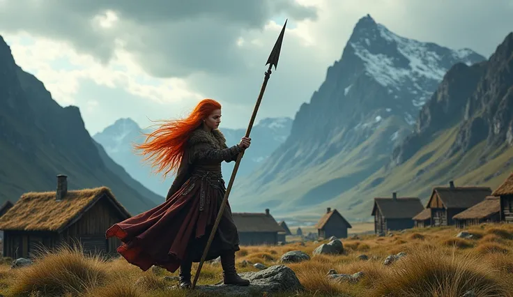 A young Viking girl with fiery red hair, practicing with a spear in a rugged village. The backdrop features wooden longhouses and mountains under a dramatic sky.