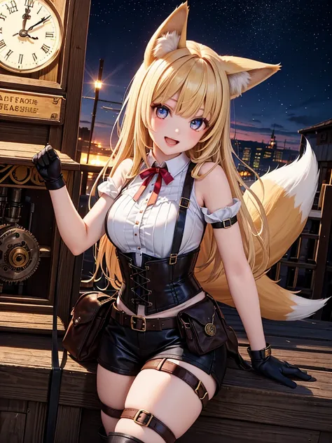 (((best quality))), (((fox girl))), (((1girl))), (((dynamic angle, (happy smile, beautiful face, (realistic face), fox ears, fox tail, fox color eyes, blonde long hair, bangs between eyes, blunt bangs)), (steampunk), ((clock)), ((gear)), stretching, sunset...