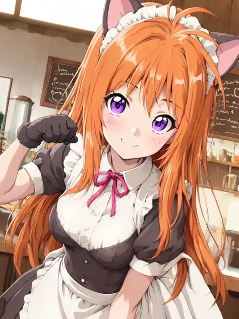 masterpiece, best quality, SaekiRuruna, 1girl, solo, long hair, orange hair, purple eyes, medium breasts, antenna hair, smile, blush, maid, Cat-Eared Girl, cat gloves, paw pose, in Cat Cafe, how many cats do you have, some cats are moving, cats are free, c...