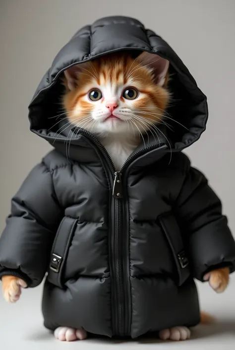 live action kitten wearing a black down jacket