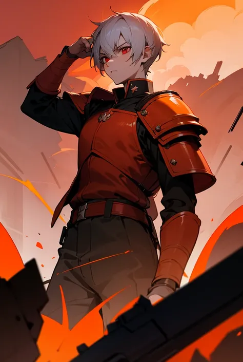 Boy with short white hair and red eyes,  looking cold and intimidating in the uniform of a dictator in black and red ,  leading an exercise of soldiers in bright orange armor in the middle of a destroyed city and the red sky 