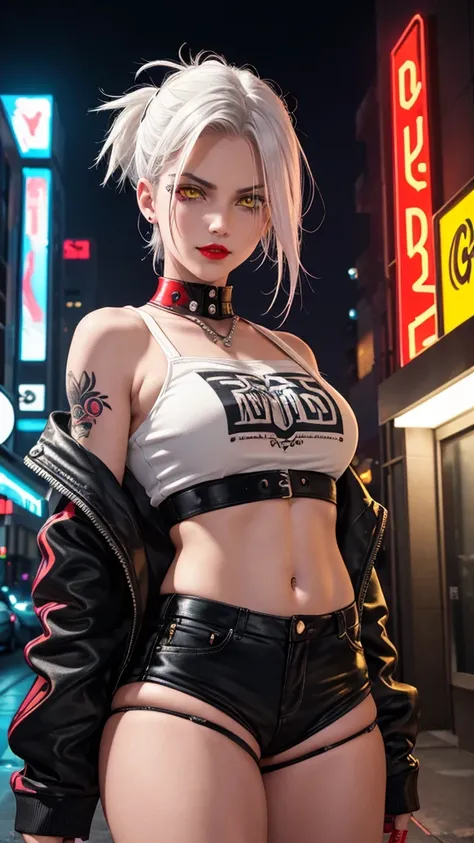 image of tomboy girl, solo, masterpiece, white hair, undercut hairstyle, yellow eyes, masterpiece, image of a wild girl with tattoo, midriff, punk, red eyeshadow, wild, smirk on face, city at nighttime, neon colors lighting, moody, shadows, 1 girl, Red Lip...