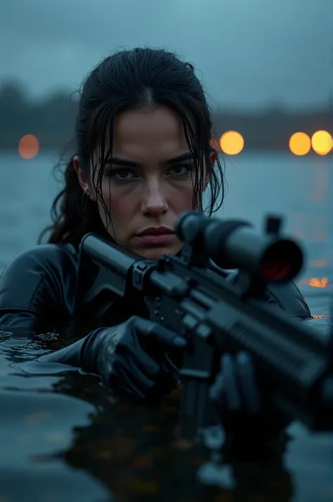 " A woman in a black tactical diving suit ,  partially submerged in dark and quiet water ,  holding a modern rifle with precision .  The scene is set in a nocturnal environment ,  with a cloudy sky and distant lights blurred on the horizon ,  creating a da...