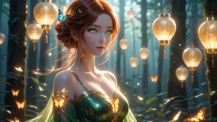 A Masterpiece In 32K Resolution, Supreme Quality, Super Detail, Official Art, Very High-Resolution 32K Wallpaper, Captivating Cinematic Lighting, Beautiful And Aesthetic, Ultra-Detailed Features, Awe-Inspiring Detail. The Scene Features Floating Lanterns A...