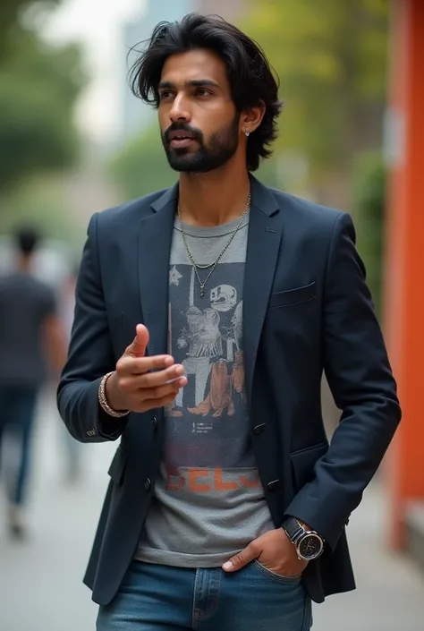 "Design a charismatic Indian male influencer in his late 20s to early 30s with a modern and stylish appearance. He has medium-length, wavy black hair, a neatly groomed beard, and warm brown eyes. His skin tone reflects a natural wheatish Indian complexion....