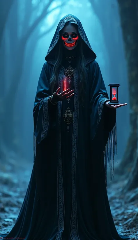 (photo realistic), young death sorceress, skull with red glowing eyes, ((long black robe with hood and intricate white trim)), hourglass in right hand, (high details, highly detailed, masterpiece, beautiful:1.2), blue lit stage background, dynamic pose, ci...