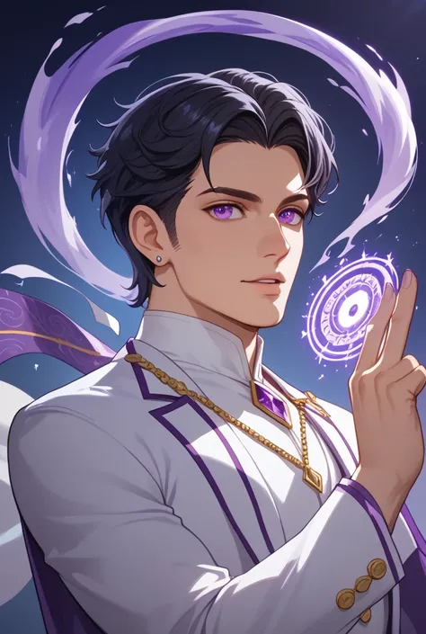 The male dark realm ruler exudes an aura of ominous power and regal authority. His pale, almost alabaster skin contrasts sharply with his long, flowing jet-black hair, which cascades down his shoulders in smooth, sleek waves. His piercing purple eyes glow ...