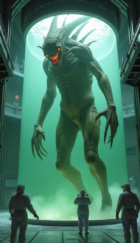 A massive, terrifying, and unknown creature contained in a high-tech research facility. The creature is suspended in a colossal cylindrical tank filled with cloudy, greenish water that glows faintly. Its alien-like body is grotesque and otherworldly, with ...