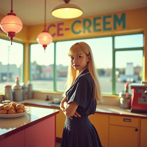 (JAPANESE_15yo:1.5),(blonde_hair:1.3),Portrait MagMix Girl looking at the camera,A retro ice cream shop with pastel-colored walls, Classic Soda Fountain Counter, Vintage ice cream poster, bathed in warm sunlight, Analog Film Photography, Kodachrome,bangs,(...