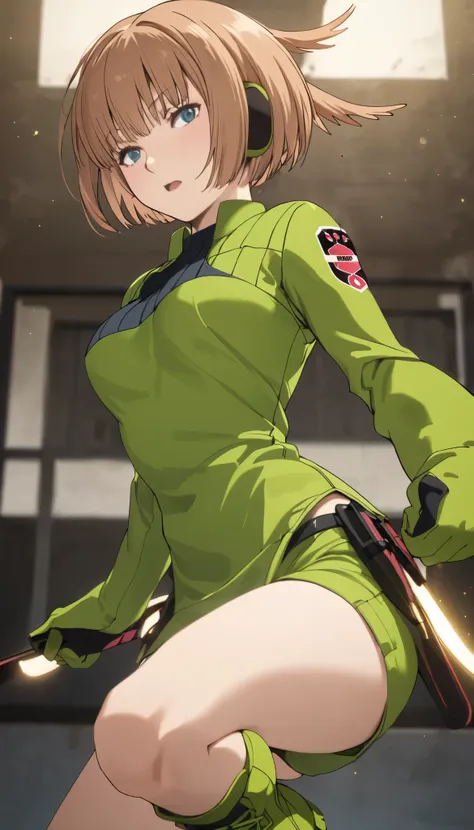 Konami,live-action、 real、 1 girl,  looking at viewers,  green jacket ,  gloves,  Green Shorts , green footwear, Moderate bust、masterpiece, top quality , Dynamic Poses、 highlight the chest、