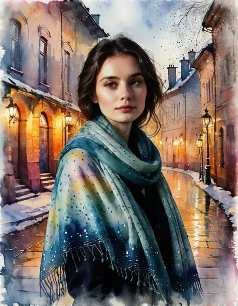  light wet watercolor spots on a white background.  simple watercolor drawing . light grunge .  scuffs and scratches .  wet on the wet .  smudges and granulation . gently.  Transparent . airy. 

winter.  Russian beauty in a Pavlovo Posadsky shawl .  agains...