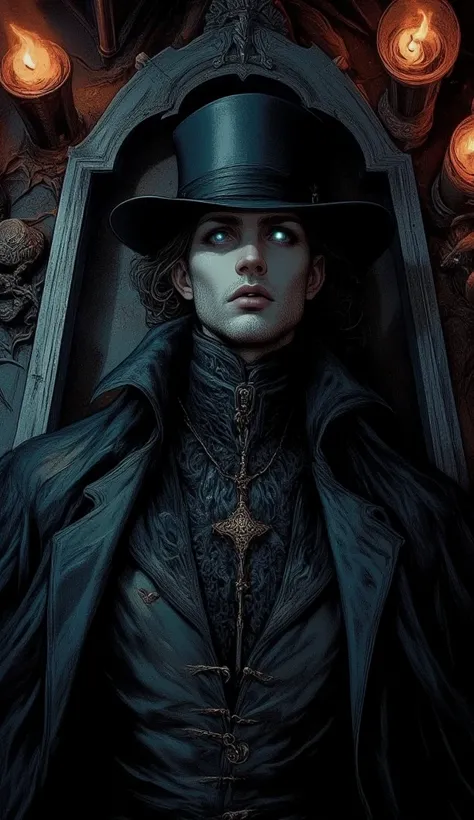 Undertaker (a tall man with gothic fashion: black fedora hat, black overcoat and undershirt, black pants, black facial hair), he has only white eyes with no pupil, laying in a coffin. He appears menacing. The area is dark, the image is lighted with only th...